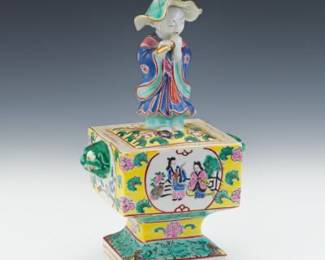 Chinese Porcelain Famille Jeun Figural Incense Burner, Qing Dynasty, Qianlong Marks