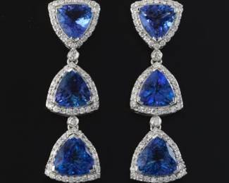 Tanzanite and Diamond Three Stone Drop Earrings