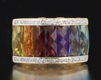 Ladies Gold, Rainbow Gem Stones and Diamond Ring