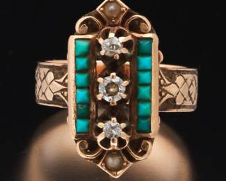 Early Victorian Gold, Turquoise, Seed Pearl and Diamond Ring, ca. mid 19th Century