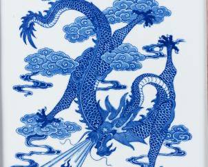 Chinese Blue and White Dragon Porcelain Tile in Carved Wood Frame Plaque