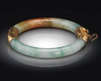 Ladies Gold and Carved Green Russet Jadeite Jade Bangle