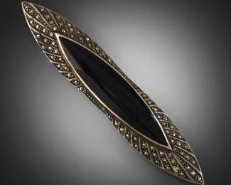 Ladies Art Deco Style Sterling Silver, Black Onyx and Marcasite Elongated Nebula Brooch