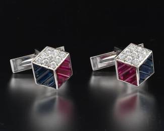 Pair of Gold, Diamond and Lab Grown Ruby and Blue Sapphire Cufflinks