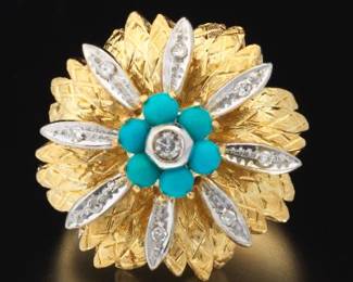 Ladies Gold, Turquoise and Diamond Floral Ring
