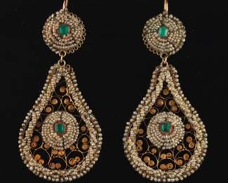 Antique Early Victorian Pair of Gold, Sicilian Seed Pearl and Emerald Glass Large Earrings