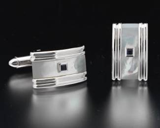 Pair of Gold, Mother of Pearl and Blue Sapphire Cufflinks