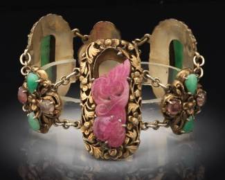 Chinese Gild Silver Bracelet with Jadeite and Rose Quartz Bracelet