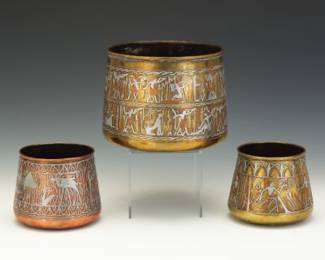 Group of Three Cairoware Mixed Metal Planters