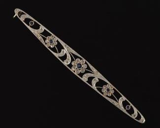 Edwardian TwoTone Gold, Blue Sapphire and Diamond Bar Pin