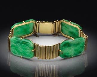 Ladies Gold and Carved Green Jadeite Jade Bracelet