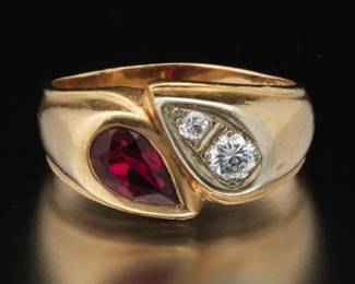 Retro Gold, Diamond, Synthetic Ruby Ring