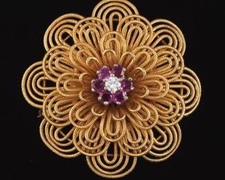 Retro Fisher Co Gold, Diamond, and Ruby Brooch