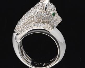Sonia B. Gold, Diamond and Green Gem Stone Panther Head Bypass Ring