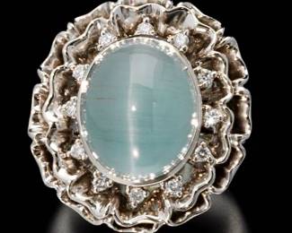 Ladies Platinum, Cats Eye Aquamarine and Diamond Ring