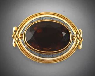 Victorian Gold, Smoky Quartz and Guilloche Enamel Pin Brooch