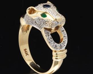 Ladies Gold, Blue Sapphire, Emerald and Diamond Panther Ring
