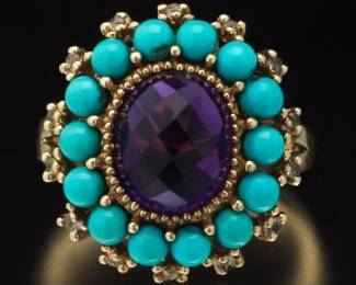 Ladies Gold, Amethyst, Turquoise and Gems Ring