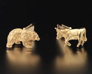 Pair of Tiffany Style Gold and Diamond Stock Market Bear and Bull Cufflinks
