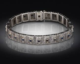 Ladies Mid Century Modern Gold and Blue Sapphire Filigree Bracelet