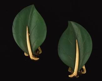 Ladies Pair of Gold and Carved Jade Leaf Ear Clips