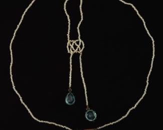 Edwardian Rare Gold, Silver, Natural Seed Pearls and Aquamarine Drop Necklace