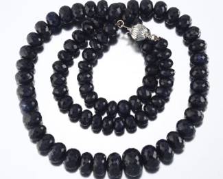Ladies Gold and Gradual Faceted Navy Blue Sapphire Beads Necklace