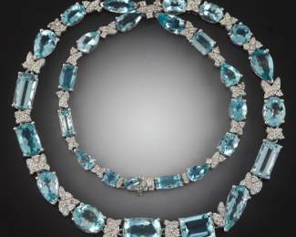 Aquamarine and Diamond .950 Platinum Necklace.