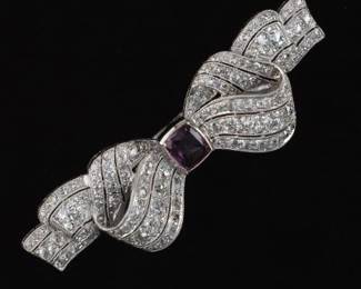 Ladies Edwardian Platinum, Pink Sapphire and Diamond Bow Pin Brooch