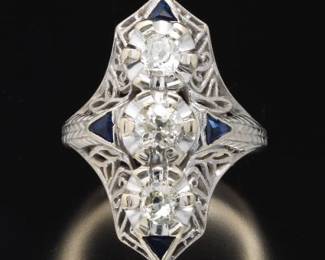 Ladies Edwardian Gold, Diamond and Blue Sapphire Ring
