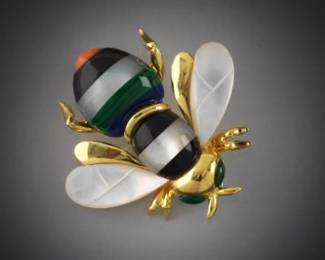 Asch Grossbardt Gold, Mother of Pearl and Gems Bumble Bee Pin Brooch