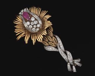 Ladies Gold, Platinum, Ruby and Diamond Flower Brooch