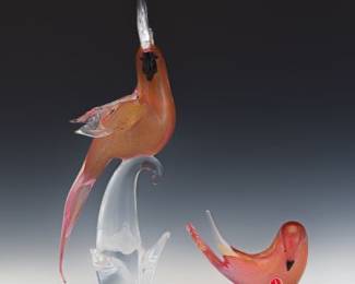 Two Murano Art Gals and Gold Flakes Parrot and Dove Sculptures