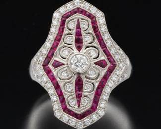 Ladies Art Deco Style Platinum, Pink Sapphire and Diamond Ring