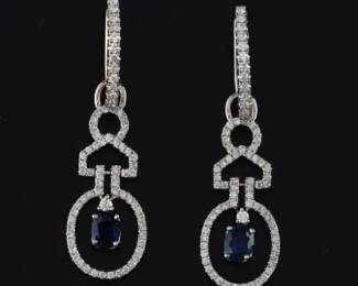 Ladies Pair of Gold, Blue Sapphire and Diamond Dangle Earrings