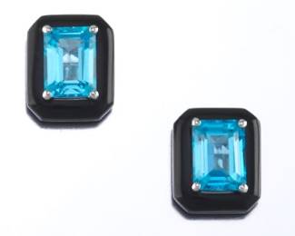 14K Gold Onyx and Swiss Blue Topaz Earrings