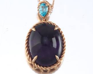 Ladies Gold, Amethyst and Blue Topaz Pendant on Chain