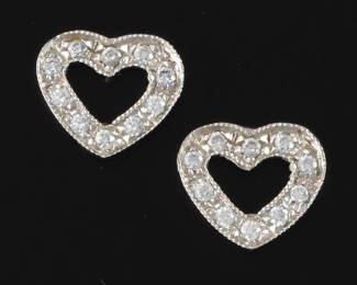 Ladies Pair of Italian Gold and Clear Gem Stones Heart Ear Studs