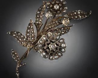 Victorian Gold Topped with Silver and Diamonds Floral Spray Pin Brooch