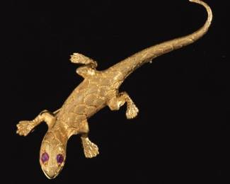 Gold and Ruby Lizard Pin Brooch
