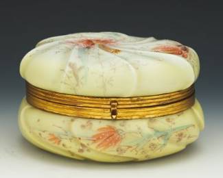 Victorian Satin Glass Dresser Box with Floral Enamel Decoration