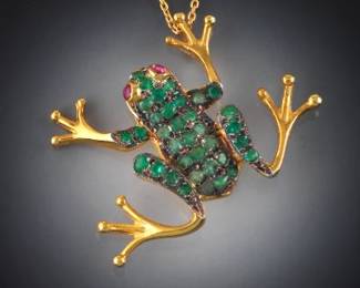 Ladies Emerald and Ruby Frog Pendant Brooch
