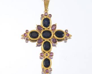 Ladies Gold, Blue and Pink Sapphire Spanish Colonia Style Cross on Chain
