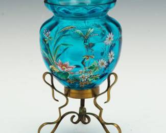 EnamelDecorated Blue Glass Vase with Stand