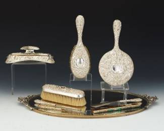 Stieff Sterling Silver Vanity Set with Mirrored Plateau