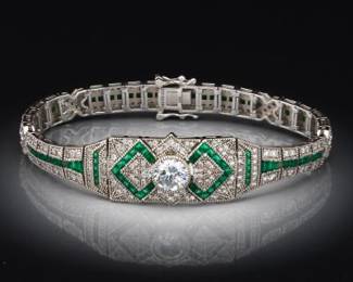 Ladies Art Deco Sterling Silver, Green and Clear Gem Stones Bracelet