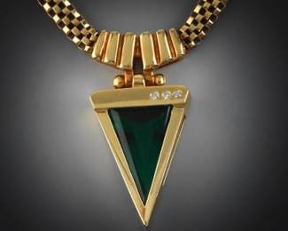 Ladies Gold, Diamond and Lab Grown Green Spinel Necklace
