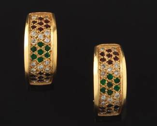 Ladies Pair of Gold, Diamond, Ruby, Blue Sapphire and Emerald Earrings