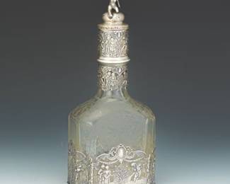 German 800 Silver Mounted Etched Crystal Decanter by Storck Sinsheimer, Hanau, ca. Late 19th Century