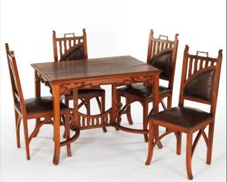 Art Nouveau Style Carved Dining Table and Four Chairs